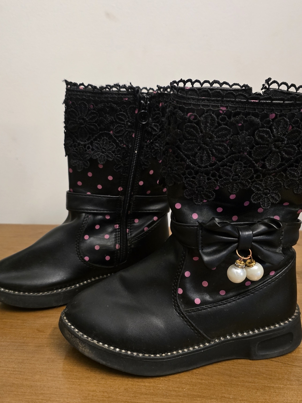 Girls Black Boots with Pink Polka Dots & Lace Trim